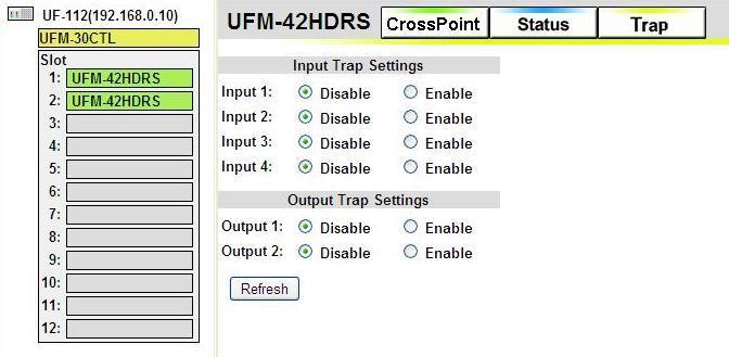 8-4. SNMP Trap Settings (42HDRS) Clicking the Trap button in the right pane of the browser window opens the Trap page.