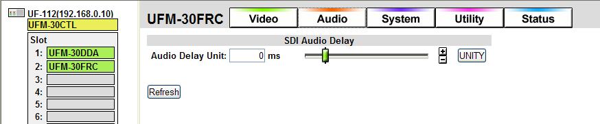 9-4. Audio Settings (FRC) Clicking the Audio button opens the Audio page. This page allows you to set audio delay.