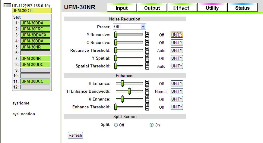 10-4. Effect (NR) Clicking on Effect in the UFM-30NR window opens the Effect page. This page allows you to setup noise reducer and video enhancer. 10-4-1.