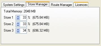 The Store Manager tab allows the total store memory to be allocated to the three available stores on a percentage