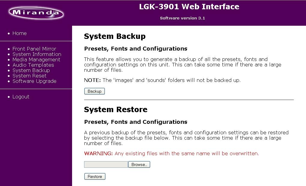 8.8 System Backup This page allows a backup of Presets, Fonts and Configurations on the LGK-3901/DSK-3901 to be generated or restored back onto the unit.