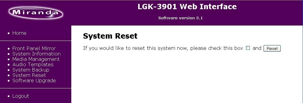 8.9 System Reset This page allows the LGK-3901/DSK-3901 to be rebooted.