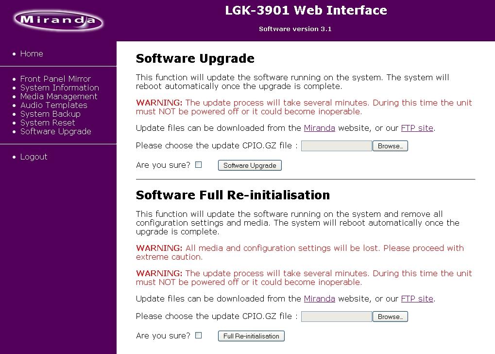 8.10 Software Upgrade This page allows the software on the unit to be upgraded.