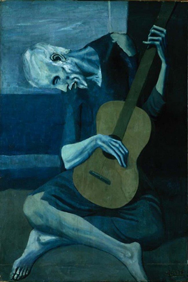 2. Pablo Picasso: Stari kitarist/the old guitarist Slika 2: Pablo Picasso: Stari kitarist/the old guitarist: 1903; Olje na ploščo; 122,9 X 82,6 cm; Art Institute of Chicago Pablo Picasso je eden