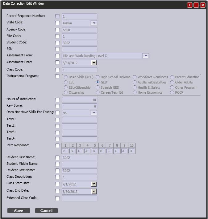 8) Press Edit Records to correct data. A new window displays with override options for all data-input fields.