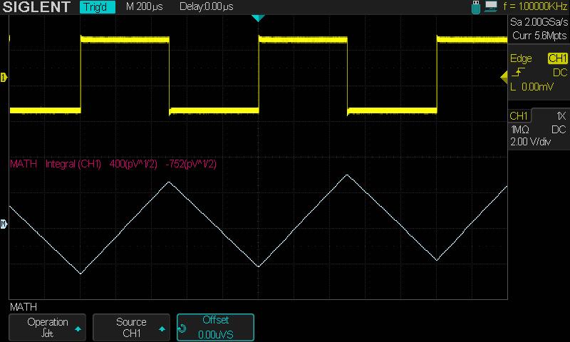 Integrate dt (integrate) calculates the integral of the selected source. You can use integrate to calculate the energy of a pulse in volt- seconds or measure the area under a waveform.