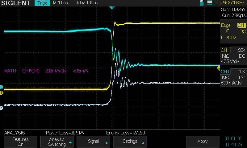 Figure 121 Perform Switching Analysis The voltage and current waveforms are displayed, as well as the power waveform (waveform math multiply of the voltage and current).