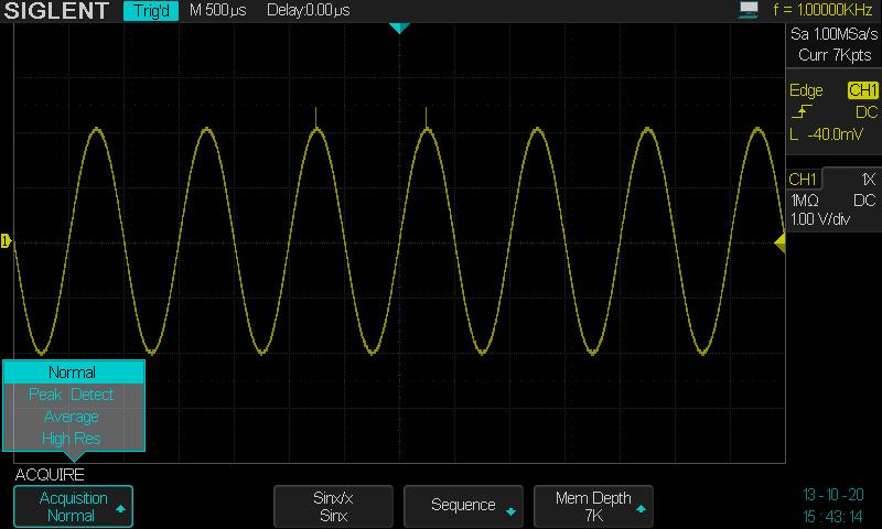 Peak Detect In this mode, the oscilloscope acquires the maximum and minimum values of the signal within the sample interval to get