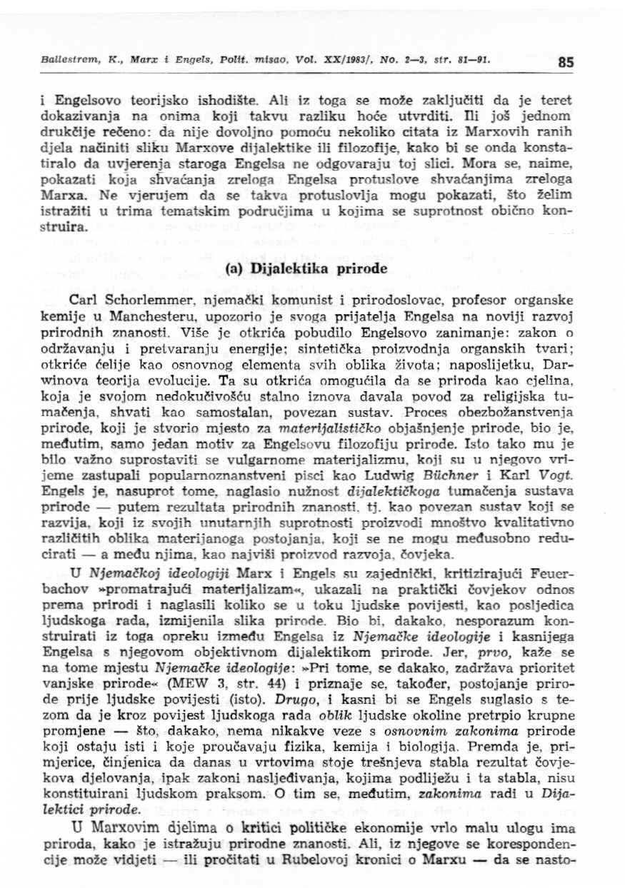 BaLLalttrom, K., Mar:r i Engels, Poltt. mtrao, Vol. XX/1983/. No. r-3. &Ir. 81-et. 85 i Engclsovo teorijsko ishodište.