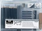 Pencil set that includes drawing pencils, charcoals, and erasers.