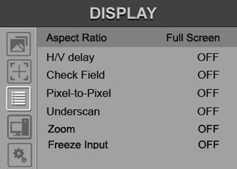 85%, 80% 5-2-3. Display ITEMS OPTIONS Aspect Ratio Full Screen, 16:9, 4:3, 1.