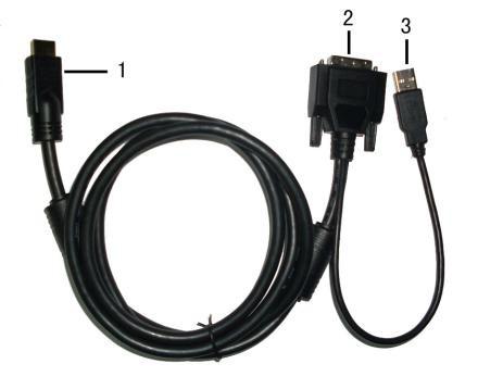 HDMI to DVI cable (optional): 1. HDMI signal input end. 2. DVI signal input connect with device with DVI signal. 3. USB connect with the USB port of computer for touch function (optional). 5.