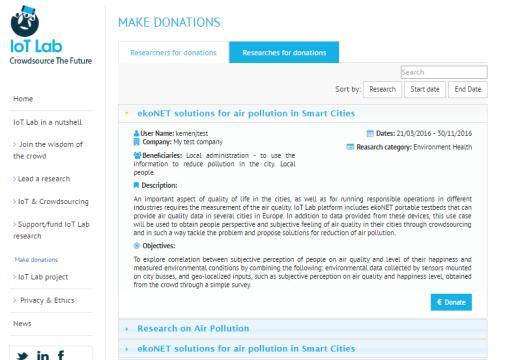 The page My Account as a Sponsor on Figure 34 looks similar to Figure 34 and provides access to the following functionalities: Make donations to Researchers/researches that accept donations List and