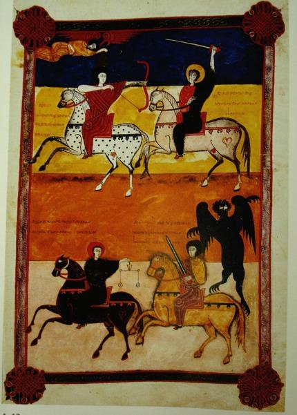 The Four Horsemen of the Apocalypse, from the Beatus of Fernando and Sancha, 1047 CE.