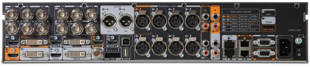 Rear panel sockets overview The Codec C90 provides great flexibility for the connection of audio and video equipment. The illustration below shows the rear panel of the Codec C90.