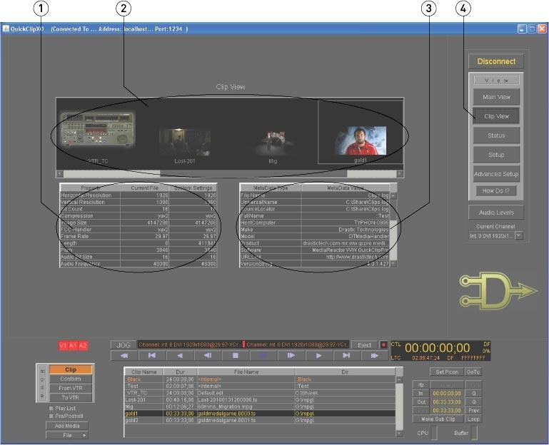 Clip View Pressing the Clip View button adds the sections indicated in the above diagram to the interface. 1 Properties window Displays the properties of the selected media.