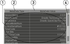 Meta Data Window 1 Meta Data fields Each row offers a meta data type and its value if any.
