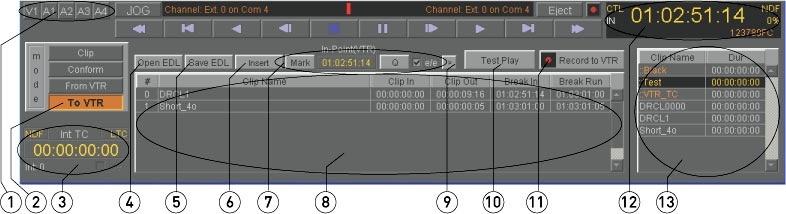 To VTR Mode Pressing the To VTR Mode button adds the sections indicated in the above diagram to the interface.