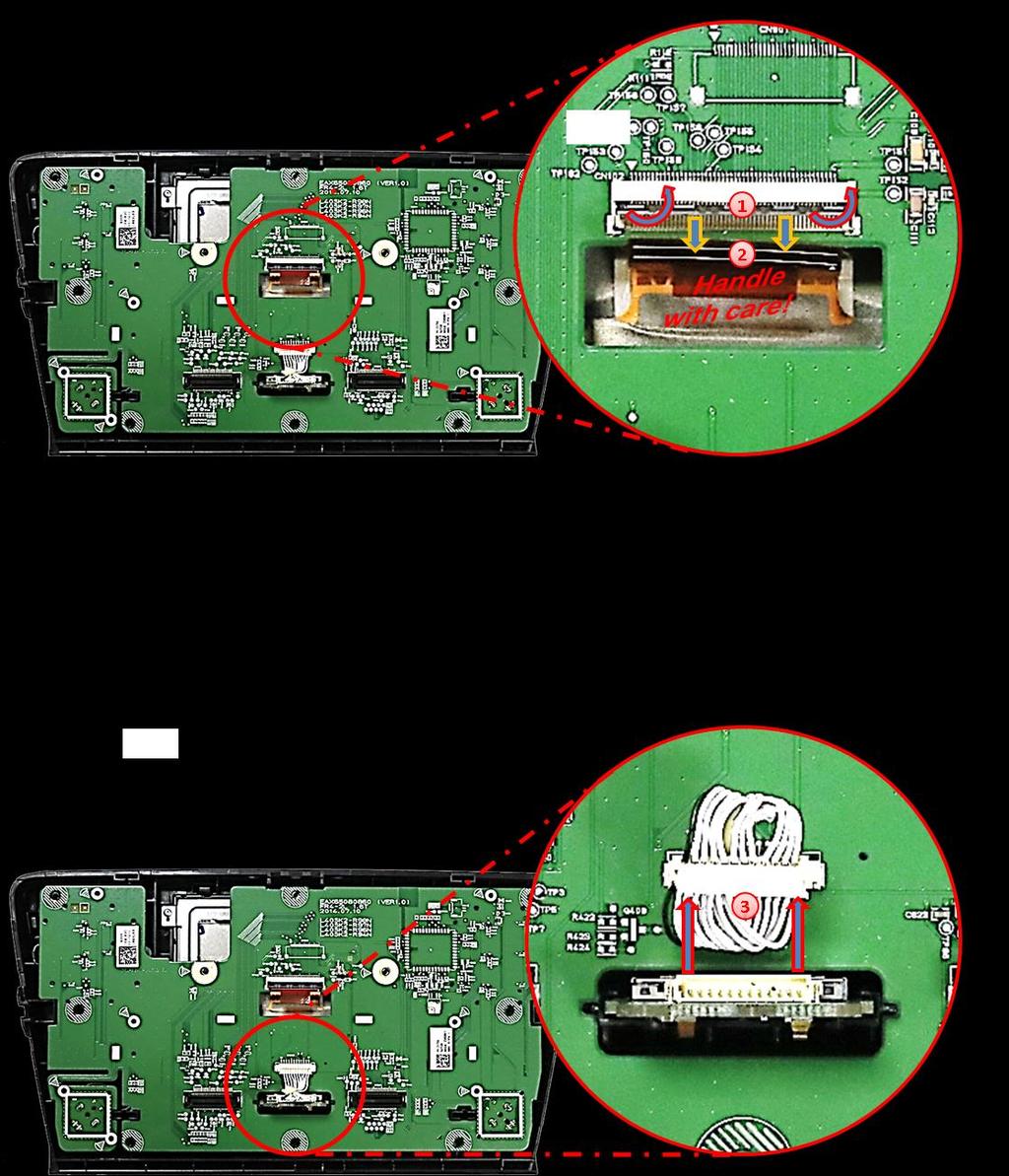 2.10.2. Skoda monitor mainboard disconnection and removal Fold upwards the black hinge of the factory ribbon cable base to unlock the original brown colored 50pin ribbon cable of the factory PCB.