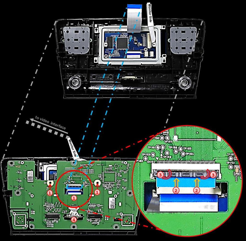 Hold the factory mainboard in its right position, lead the daughter PCB s 50pin ribbon cable CAR-IN through its recess and again, fix the mainboard with two screws.