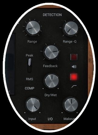 DETECTOR Section: 1. RANGE (frequency): This controls the user to select a frequency range to feedback into the sidechain circuit of the compressor. The Range Freq lets you select from 60z to 10khz 2.
