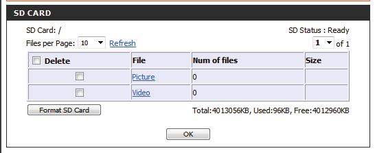 Files Per Page: Refresh: Format SD Card: Deleting Files and Folders: Use the drop-down menu to specify how many files to show per page. To change pages, use the drop-down menu on the right.