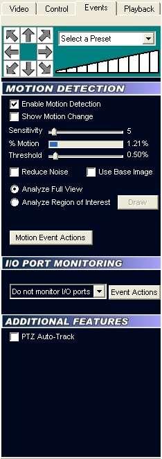 Event Configuration Panel The Events tab allows for the setting of different types of events, such as motion