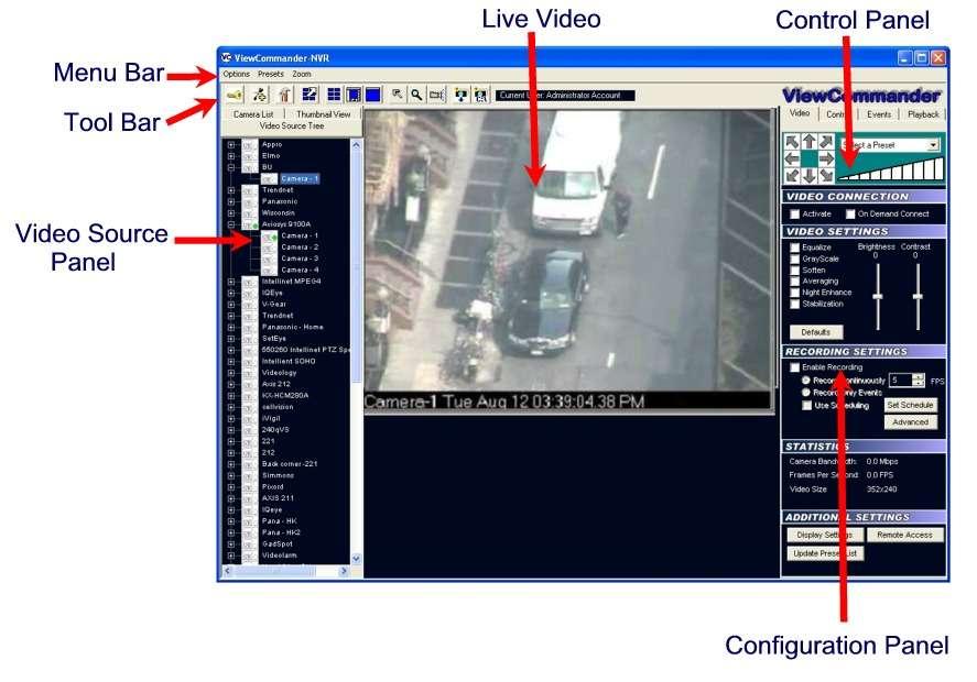 ViewCommander-NVR User Interface ViewCommander-NVR has an easy to use interface allowing the operator to view and control remote video, and to adjust various video settings.
