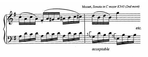 Piano music has exceptions to the consecutive 5 ths and 8 ves rule: For keyboard music consecutive 5 ths and 8 ves between upper and lower parts were accepted in a passage that was melodic and in