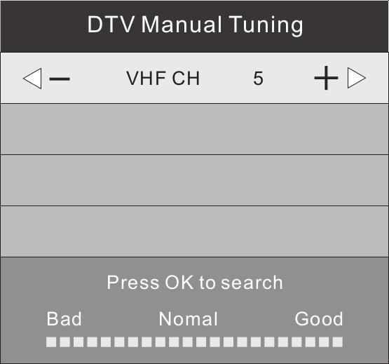 DTV Manual tuning You can select a DTV channel and find out how many programmes are being transmitted on this channel. Press to select the channel, then press OK to search the programs.