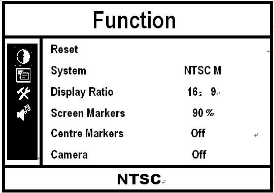 Function Reset:Back to original setting. System:To adjust color video format.
