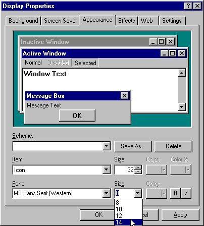 Windows 95/98 Desktop In Windows you can specify the font you use for the different areas of the Windows Desktop.