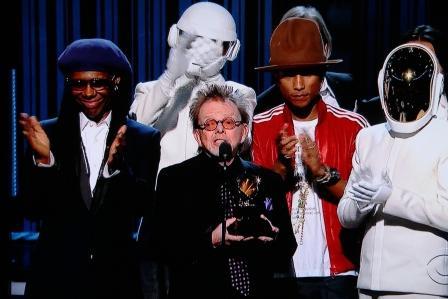 Grammy Winners Daft Punk, Pharrell Williams, Nile Rodgers "Get Lucky" while Lorde Makes a "Royals" S Daft Punk, Pharrell Williams, Paul photo Williams credit CBS and Grammy.com January 26, 2014.