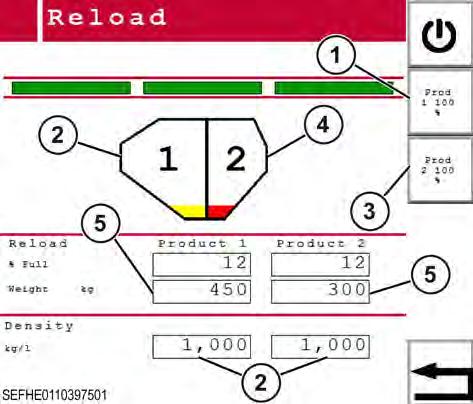 5 Încărcarea rezervoarelor GUID-67FA5A59-0F6B-4218-AC64-99F2C92B1A3B [V1] Procedură 1. Selectaţi Reload (Reîncărcare) (1). 2. Selectaţi Prod 1 100%(1) pentru a umple pâlnia 1 (2). 3.