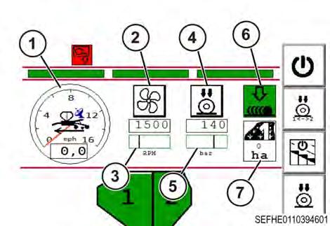3. Funcţionarea Alb - Inactiv când este controlat de caseta de comutatoare virtuale sau de Task Controller Galben - Standby Starea sistemului Vitezometrul (1) va indica viteza la sol a sursei: GPS