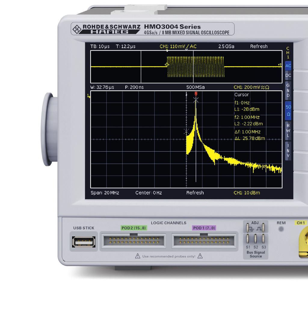 Perform measurements simultaneously on all analog channels, with up to four freely definable parameters totalling These options are available: DC, DC rms, AC rms, Crest Factor, V pp, V p+, V p- You
