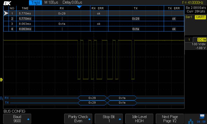 Idle Level: Select if the idle level between transmissions is LOW or HIGH. Data Length: Set the number of bits in the UART/RS232 words to match your device under test (selectable from 5 to 8 bits).