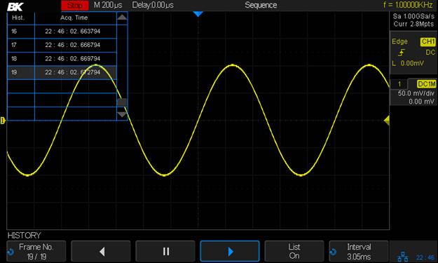 6. Press the Acq. Mode softkey until it displays On. 7. You will see a message at the lower right of the screen saying the segments are being acquired. Replaying a sequence of captured waveforms 1.