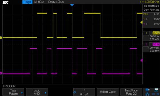 Serial Trigger I2C Triggering Figure 68 - Pattern trigger After the oscilloscope has been set up to capture I2C signals, you can trigger on a stop/start condition, a restart, a missing acknowledge,