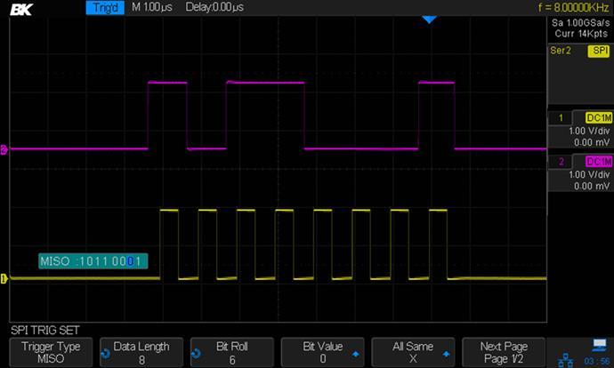 Figure 75 - SPI trigger UART Triggering To trigger on a UART (Universal Asynchronous Receiver/Transmitter) signal, connect the oscilloscope to the RX and TX lines and set up a trigger condition.