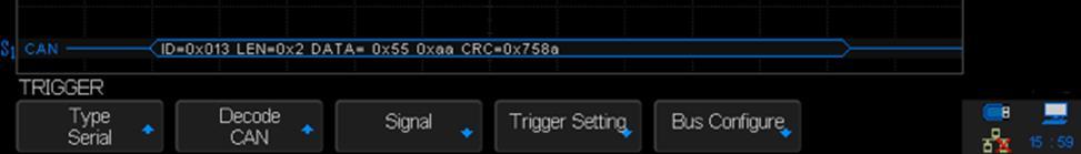Example The picture below triggers on ID, the ID is 14b2d4ff, and the baud rate is 100 kb/s: LIN Triggering LIN triggering can trigger on the rising edge at the Sync Break exit of the LIN single-wire