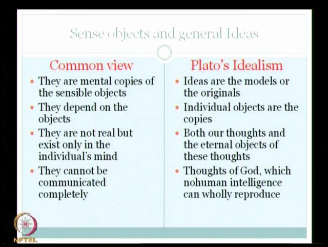 (Refer Slide Time: 26:14) And here we can see we will just contrast the sense object and general ideas. The common sense view is that; they are mental copies of the sensible objects.