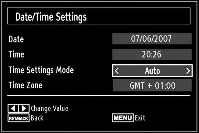 Configuring Date/Time Settings Select Date/Time in the Settings menu to confi gure Date/Time settings. Press OK button. Configuring Source Settings You can enables or disable selected source options.