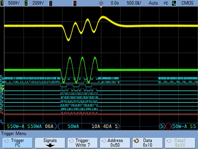 Verifying I 2 C Serial Bus Communication 6 The oscilloscope should now be triggering on a Write operation to Address 50 hex with an Acknowledge (50WA), followed by a data byte value of 10 hex with an