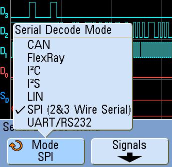 7 Verifying SPI Serial Bus Communication 7 Press [Serial]; then, select the SPI decode mode. 8 Press Signals; then, select the D1 as the Clock source.
