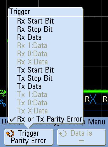 Let s now set up the oscilloscope to trigger specifically on a parity error condition.