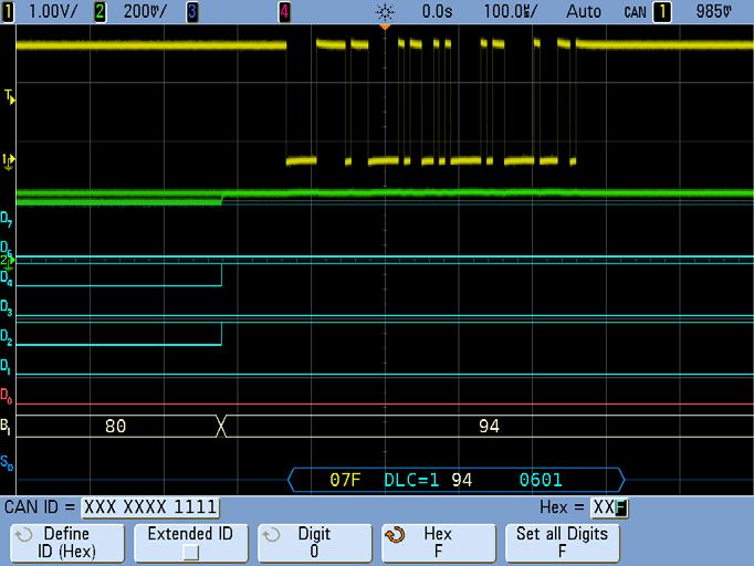 9 Verifying CAN Serial Bus Communication The oscilloscope should now be triggering on frame 07F.