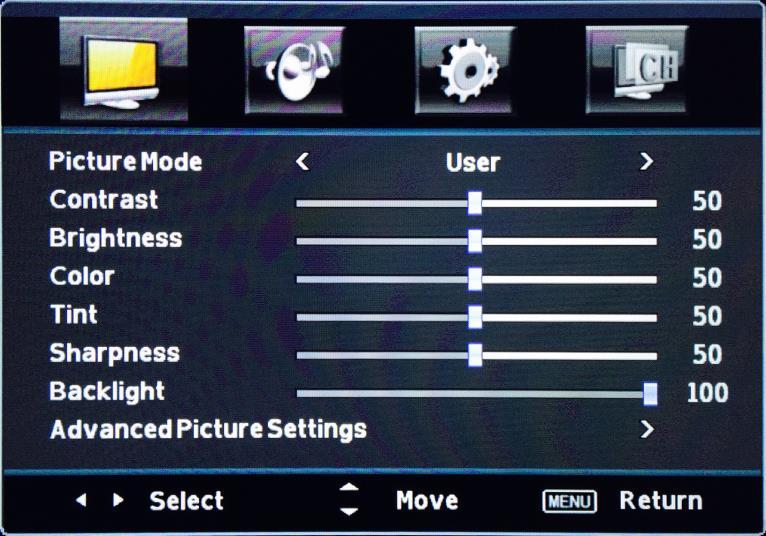OSD (On Screen Display) Options PICTURE This option allows users to adjust the TV s picture sharpness, color, tint, and other various functions. 1. Press MENU to open the OSD. 2.