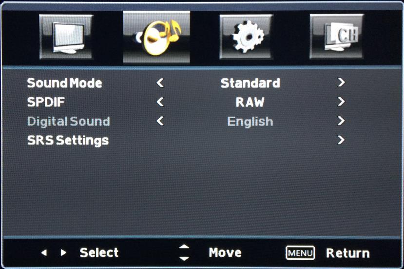 SOUND This option allows users to adjust the TV s sound functions. 1. Press MENU to open the OSD. 2. Press or to select SOUND and press ENTER. 3.