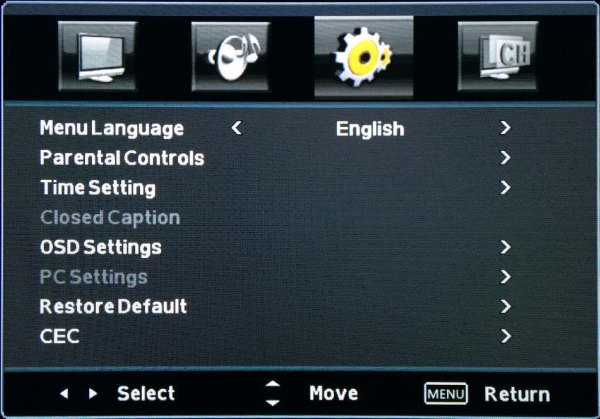 SETUP This option allows user to adjust the TV s miscellaneous options. 1. Press MENU to open the OSD. 2. Press or to select SETUP and press ENTER. 3.